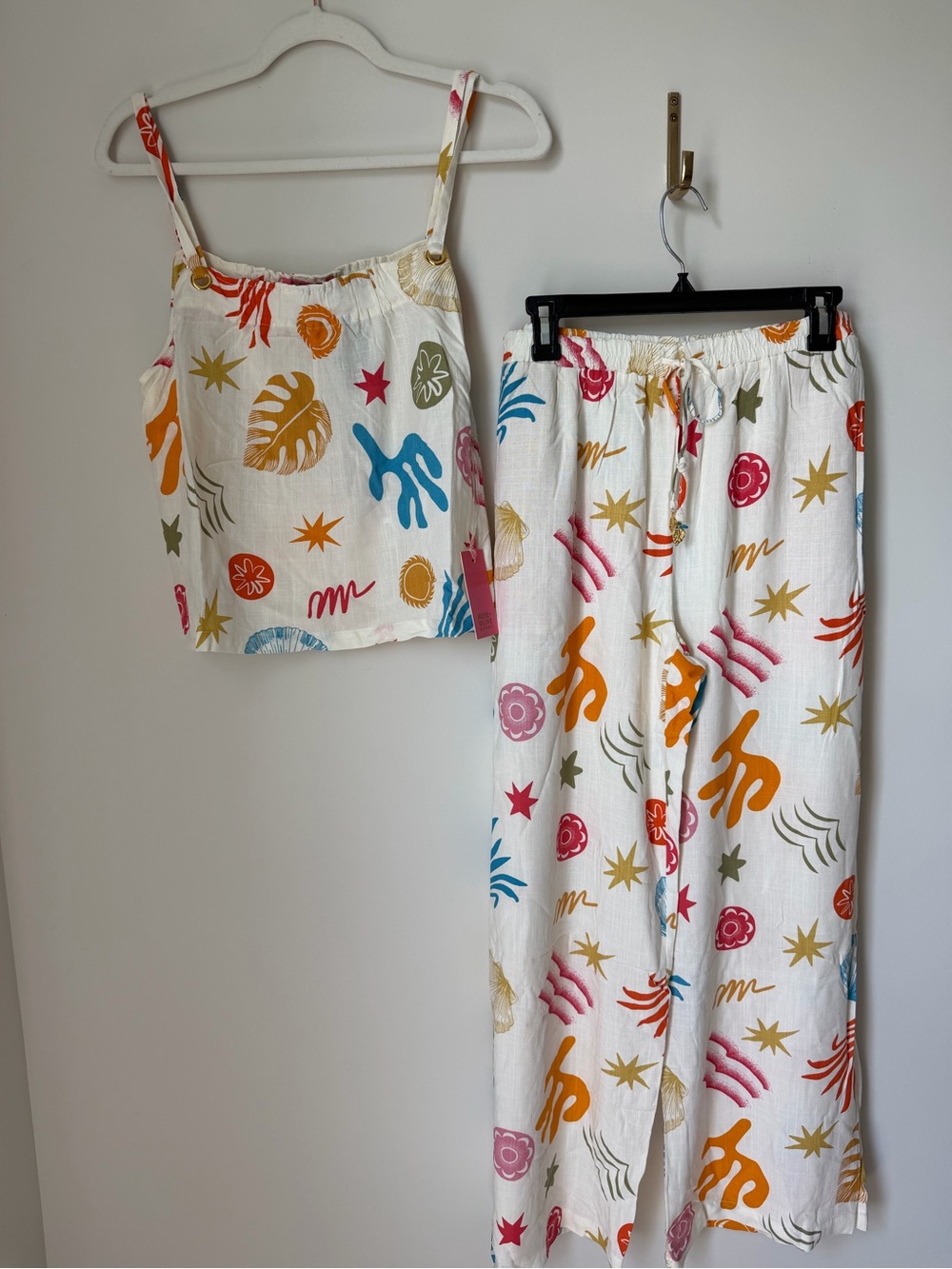 Rose & Olive cream summer print Two-Piece wide leg pant and tank top Set